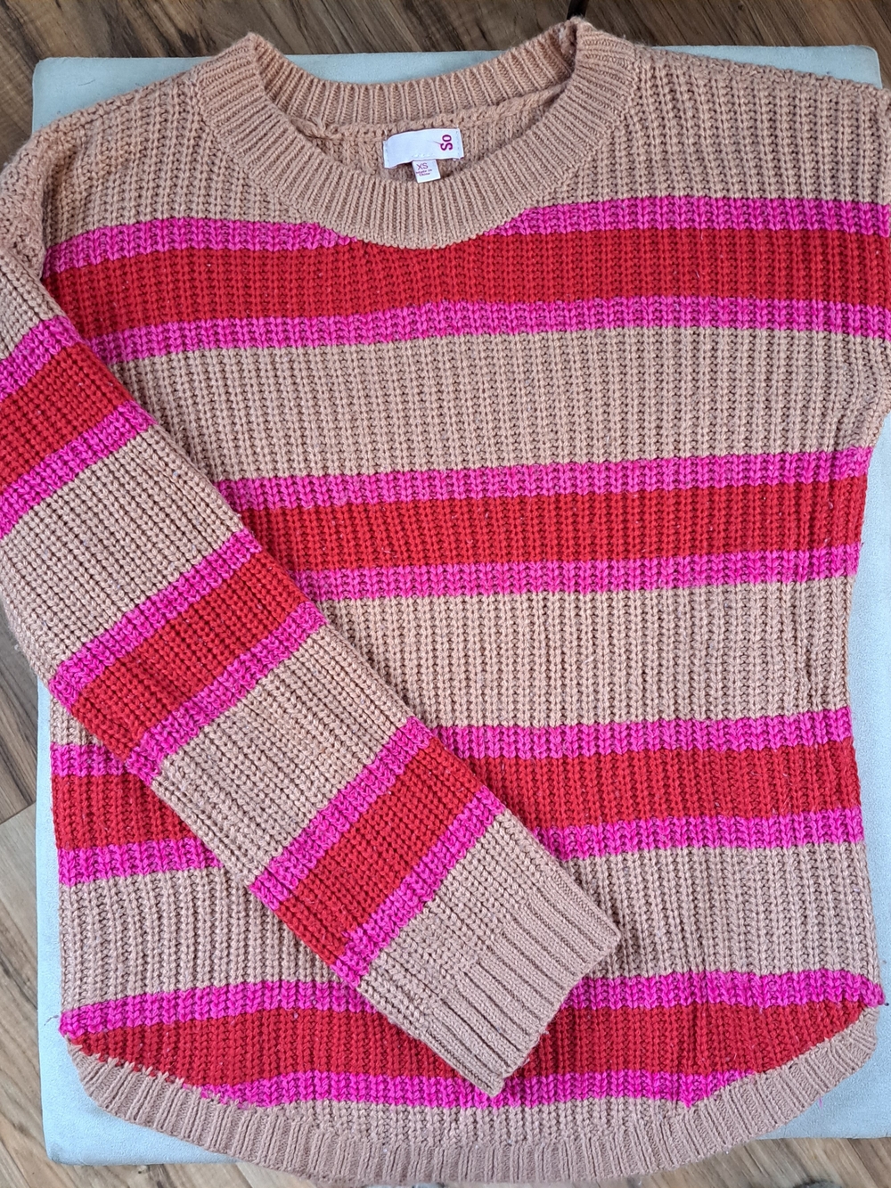 SO Beige Sweater with Pink and Red Stripes